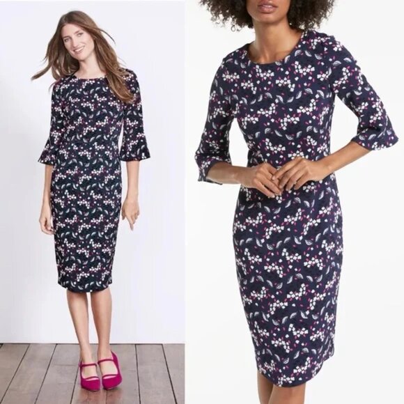 Boden womens Blue and Pink flower Delia midi Dress half bell sleeve size 8 Long - Picture 1 of 10